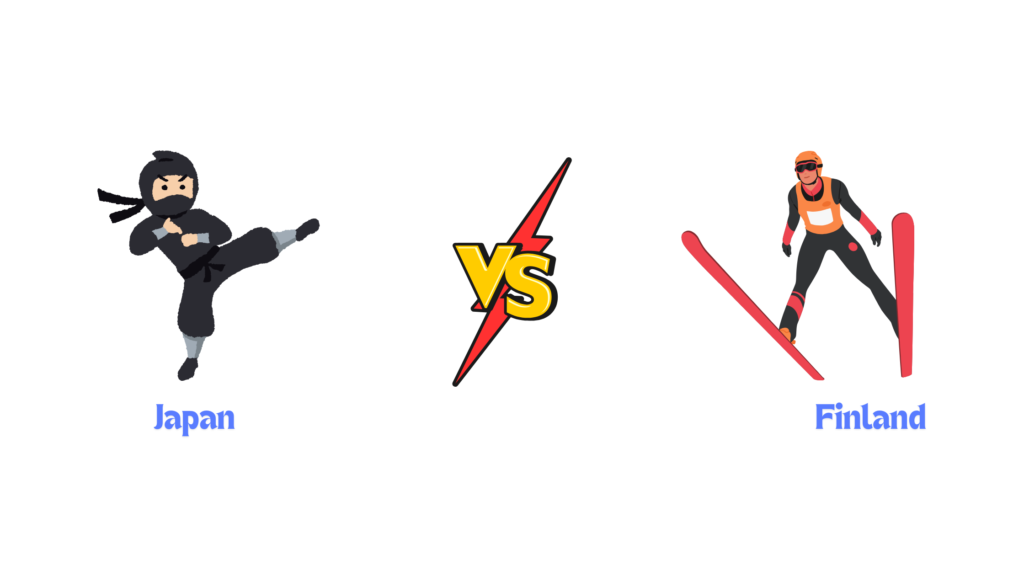 Cartoon image showing a Japanese karate fighter facing off against a Finnish skier with a VS symbol in the center – Finland vs Japan in Winter: Which Destination is Right for You?